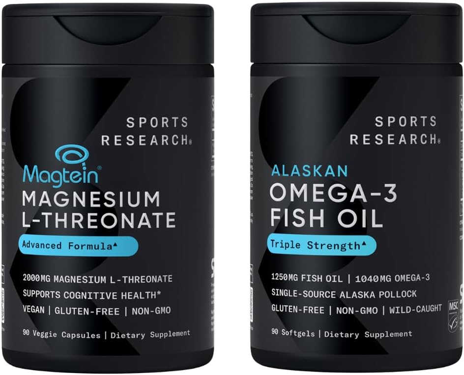 Sports Research® 90 Ct Cognitive Health Pack - Triple Strength Omega 3 Fish Oil EPA DHA Fatty Acids from Single-Source Wild Alaskan Pollock & Magtein Magnesium L-Threonate for Memory, Focus, Cognition