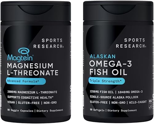 Sports Research® 90 Ct Cognitive Health Support Pack - Triple Strength Omega 3 Fish Oil EPA DHA Fatty Acids from Single-Source Wild Alaskan Pollock & Magtein Magnesium L-Threonate for Memory, Focus