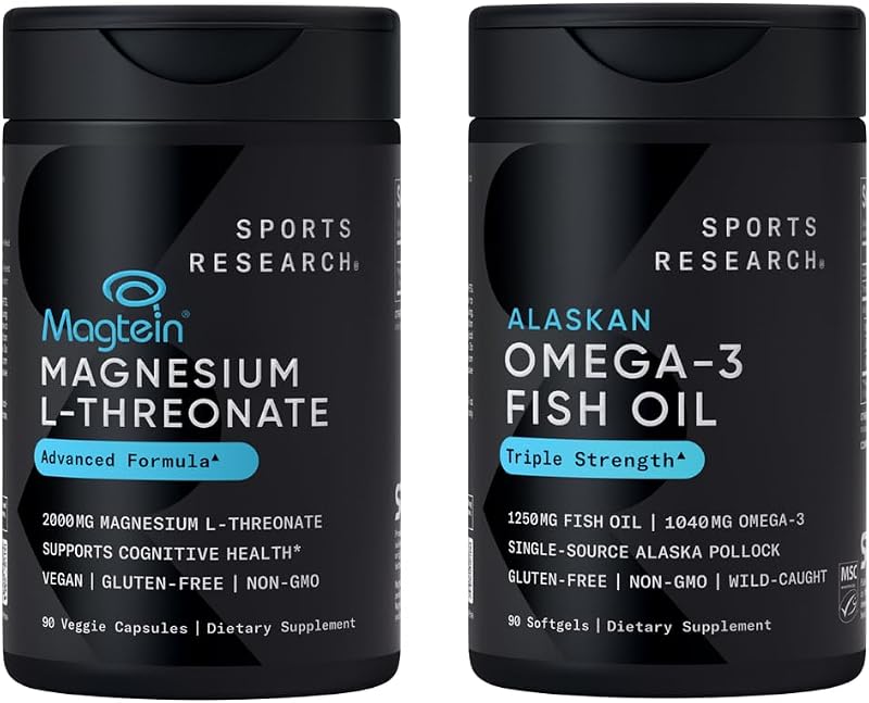 Paquete de 90 unidades: aceite de pescado Omega 3 de triple potencia, ácidos grasos EPA DHA de abadejo de Alaska salvaje de una sola fuente y L-treonato de magnesio de magteína para la memoria y el enfoque