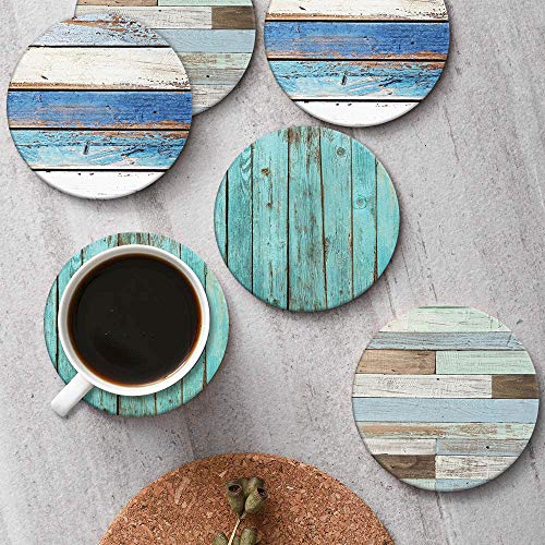 Britimes Set of 6 Coasters for Drinks Absorbent Retro Wood with Cork Base, Metal Holder, Round Stone Drink Mat for Wood Table, Gift for Birthday, Housewarming Room Bar Decor