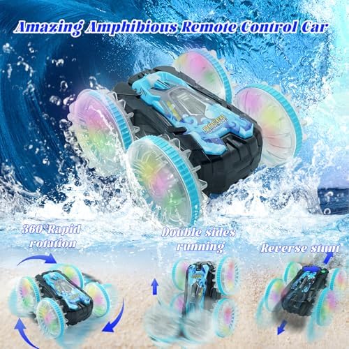 Amphibious Remote Control Car Boat, 4WD Gesture RC Car with Waterproof Remote Control, RC Stunt Car with LED Lights, Pool Toys for Kids Ages 6-12, Toys Gifts for Boys Girls 1