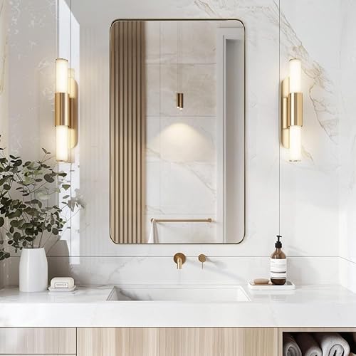 Miniatura 2 de ANDY STAR Espejo de baño dorado de latón de 30 x 48 pulgadas, espejo de pared grande para baño, espejo rectangular redondeado en marco de metal de