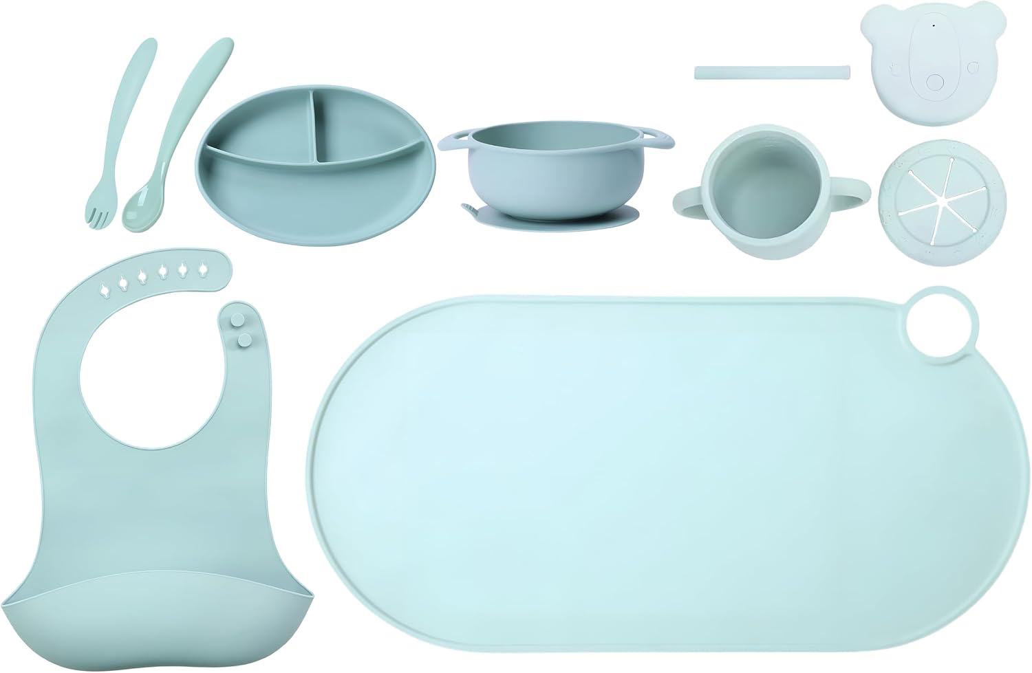 10-Piece Silicone Baby Feeding Set – Eco-Friendly, BPA-Free Baby Led Weaning Essentials with Suction Plate, Bowl, Bib, Non-Slip Mat, Straw & Snack Lid, Cup, Spoon & Fork - Moody Blue