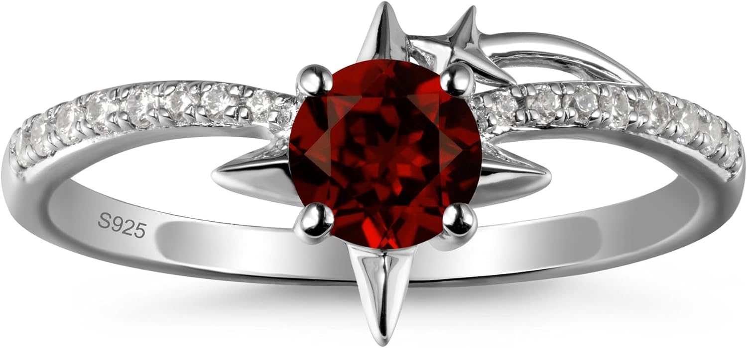 LUO 925 Sterling Silver Round Cut 5X5 MM Gemstone Engagement Ring, Star Celestial Design Jewelry for Women, Size 3-13