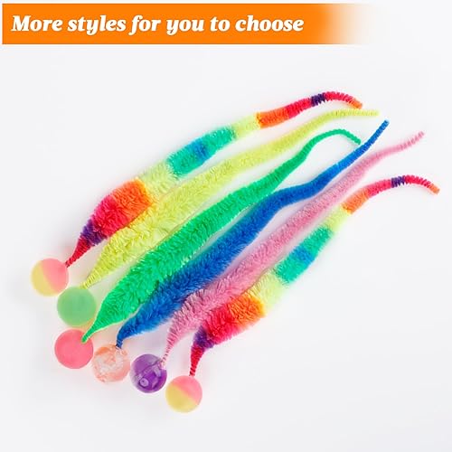 Miniatura 6 de Bola hinchable con cola para gato, 6 paquetes de gusano mágico arcoíris con bola para gatos, bolas coloridas y esponjosas (arco iris grande)
