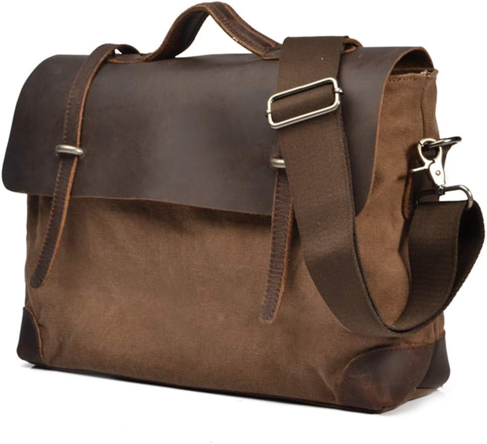 Messenger Satchel Bag for Men and Women Vintage Canvas Real Leather 15" MacBook pro/14” Laptop Briefcase Shoulder Bag for Business Work School College Everyday Use (Khaki)