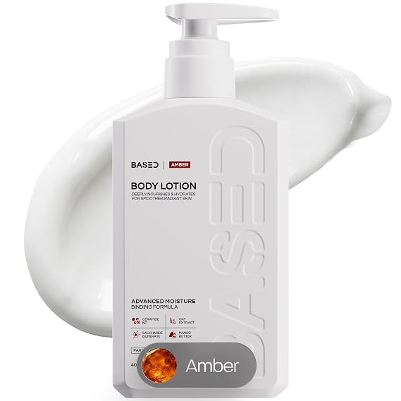 BASED Body Lotion with Ceramides - Amber Scent Men's Hydrating Moisturizer - Fast Absorbing Non Greasy Formula - Softens Dry Skin - Formulated & Filled in USA (13.5 Fl Oz, Pack of 1)
