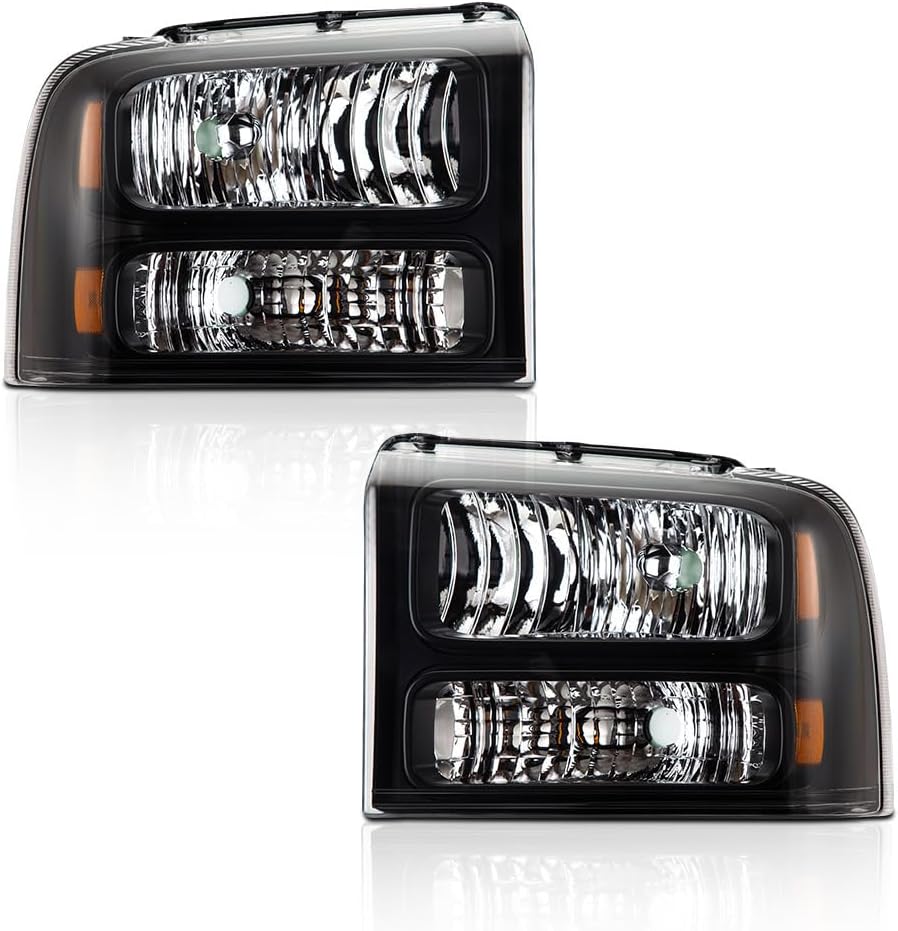 CNNELL Headlights Assembly Compatible with 2005 2006 2007 Ford F250 F350 F450 F550 SuperDuty Headlamp(Clear lens Black Housing Amber Reflector)