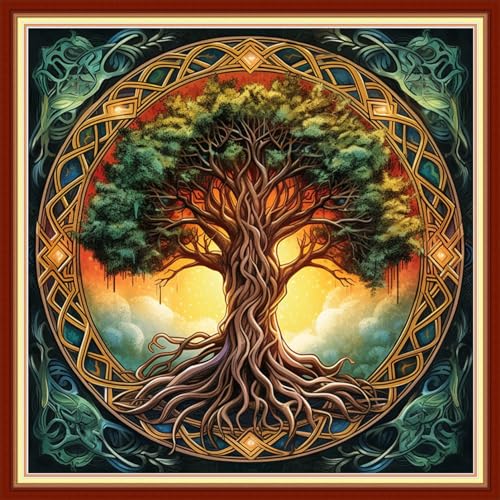 Image of Foxhool Beginners Cross Stitch Kits Stamped Full Range of Embroidery Kits for Adults DIY Cross Stitches kit Embroidery Patterns for Needlepoint kit-Magic Tree 18x18 inch