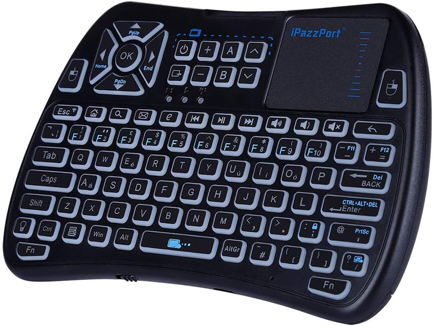 (2019 Version) iPazzPort Bluetooth Mini Wireless Keyboard with Touchpad, RGB Backlit Keyboard and TV Remote for Android TV Box, Nvidia Shield TV, Smart TV, Raspberry Pi, British Layout KP-810-61BT