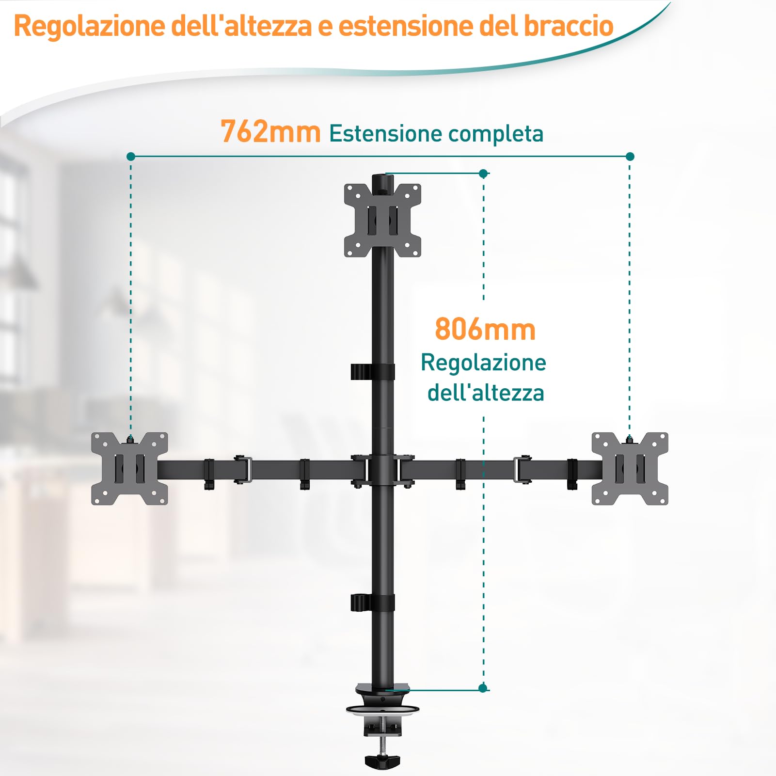 ELIVED Supporto per monitor 3 monitor per schermi da 17 a 32 pollici, braccio a tre monitor, altezza regolabile, asta alta 80 cm, max. 8 kg per braccio, VESA 75/100 mm, EV4013