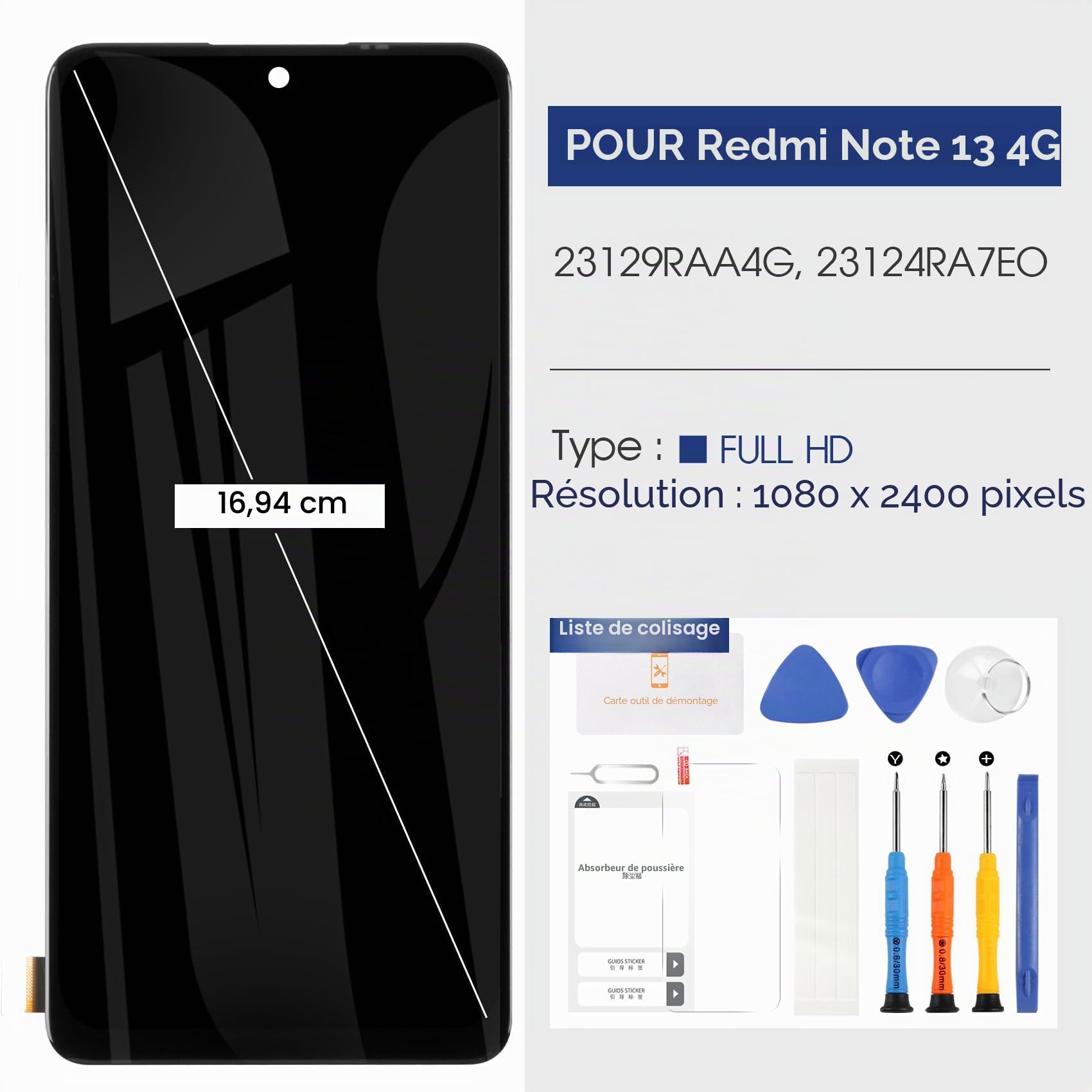 Reparo LCD Écran pour Xiaomi Redmi Note 13 4G Display - Ecran pour Redmi Note 13 4G LCD Display Écran Tactile Digitizer Assembly 23129RAA4G 23124RA7EO (6.67",Noir)