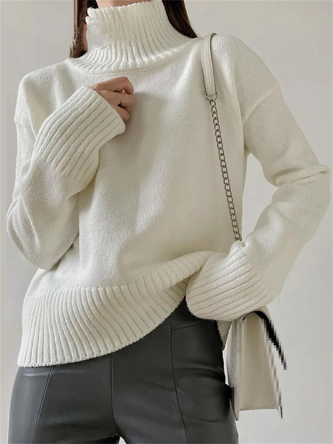 Maglione da donna a collo alto, a maniche lunghe, lavorato a maglia, tinta unita