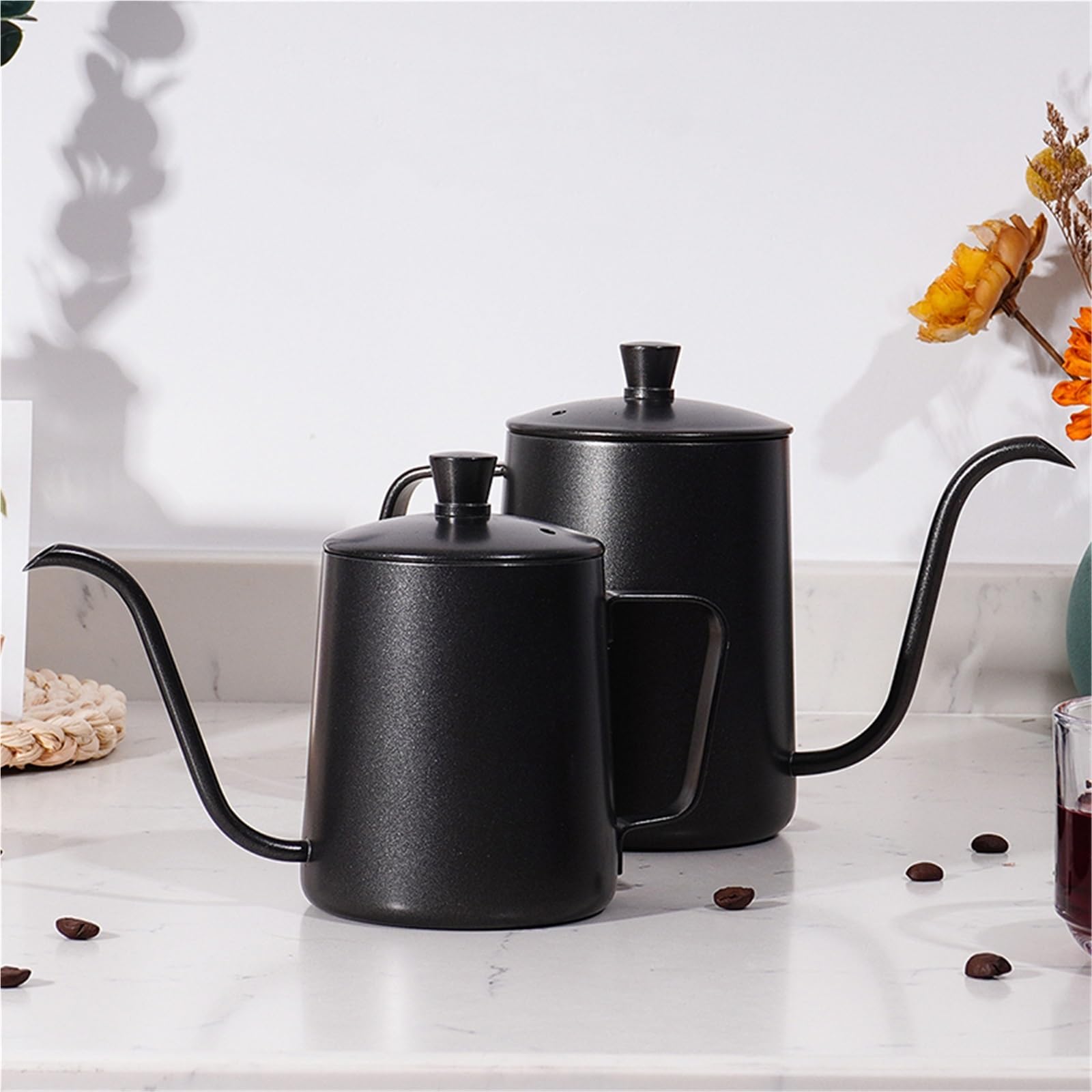 Hervidor De Café Tetera de goteo de 350ML/600ML, tetera de café con revestimiento antiadherente, tetera de goteo de café de boca fina con cuello de cisne de acero inoxidable Para Café，Té(Black 600ml)