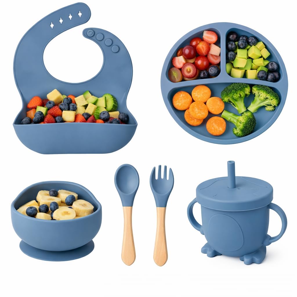 6 Pcs Silicone Baby Feeding Set BPA-Free | Microwave Safe Anti-Slip Tableware Kit with Suction Plate, Bowl, Cup, Spoon, Fork & Bib for Babies & Toddlers (Blue)-image-15