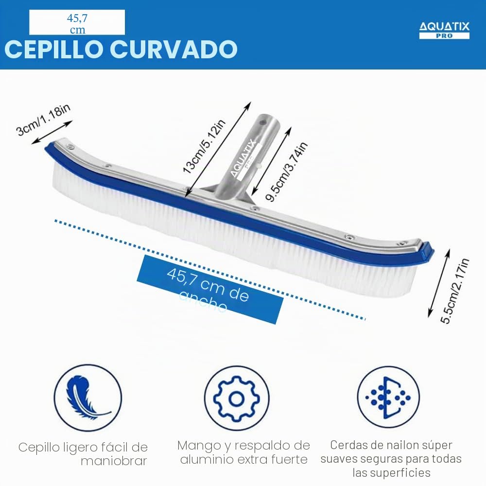 Cabezal de cepillo para piscina Premium, 45 cm, aluminio, cepillo de limpieza por Aquatix Pro con Clips EZ, para paredes, azulejos y suelos, diseño elegante y cerdas resistentes