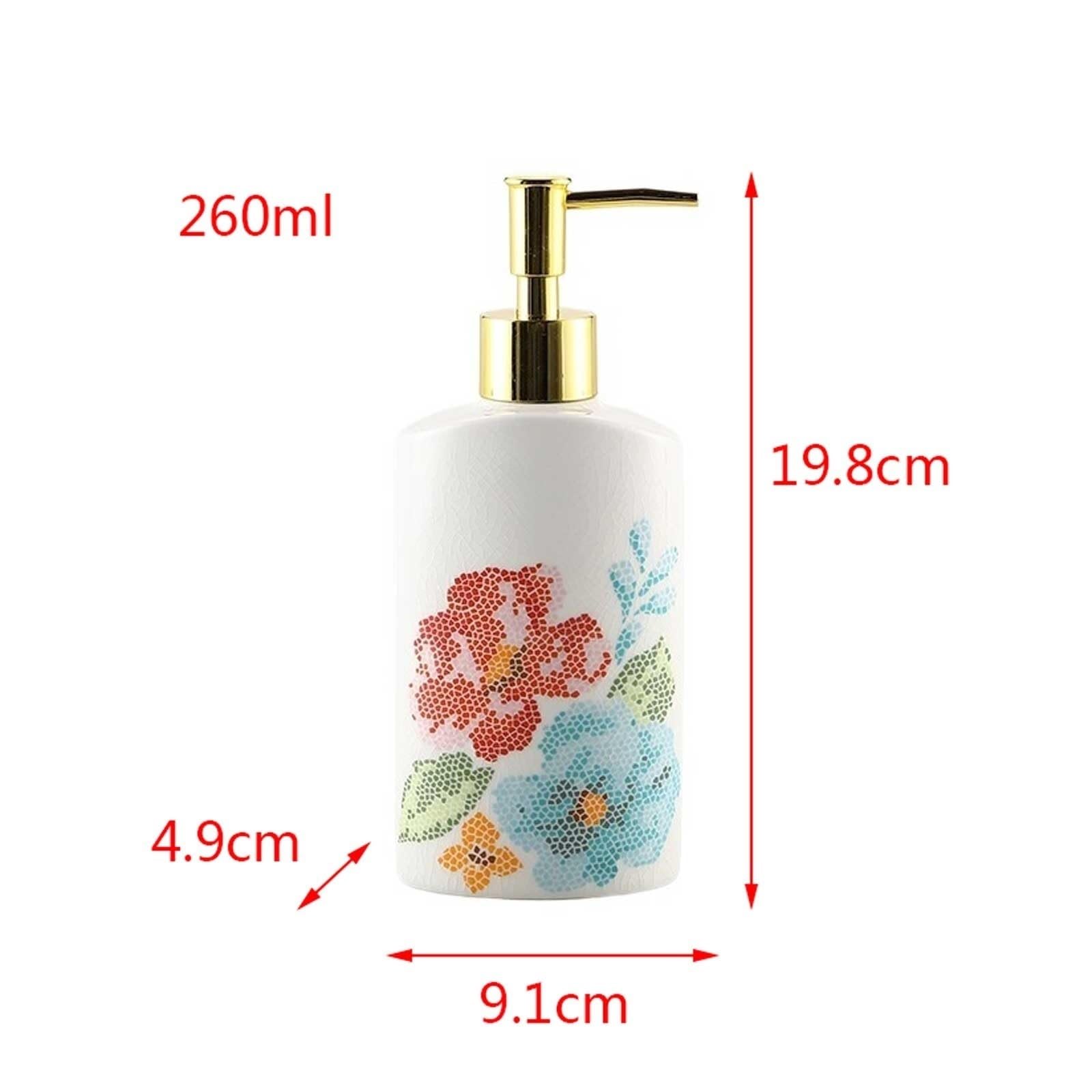 Dispensador de jabón Loción de cerámica líquida de 260 ml con diseño único de glaseado de Hielo craquelado, Flores Rojas y Azules, Reutilizable y rellenable.