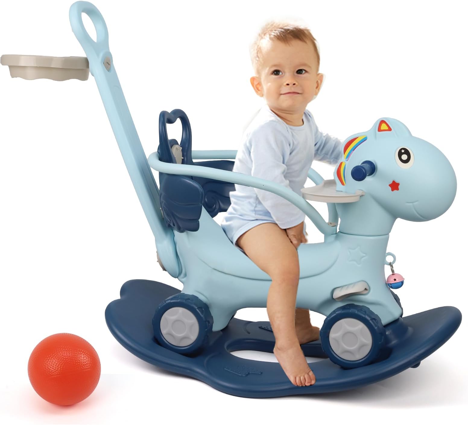 Ancaixin 4 in 1 Rocking Horse Ages 1-3, Baby Rocking Toy Birthday Gift for Toddlers 1-3 Years Old, Balance Bike Ride On Toys with Push Handle, Backrest and Balance Board for Baby Girl and Boy, Blue