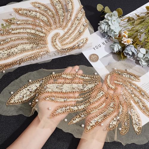 CABODYALS 2Pcs 2 Styles Angel Wings Applique 3D Gold Sequin Lace Appliques Rhinestone Pearl Beaded Large Embroidered Sew on Tulle Patches for Sewing Making Crafts Clothes Bag Dresses Supply - Image 3