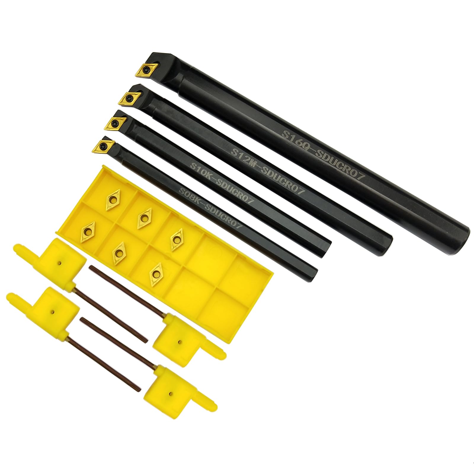 14Stück innenloch drehmeißel S08K/S10K/S12M/S16N-SDUCR07 Indexierbarer CNC-Drehmaschinen-Drehwerkzeughalter-Set，Und 10Stück DCMT070204 DCMT21.51 Drehmaschine Hartmetall-Dreheinsatz