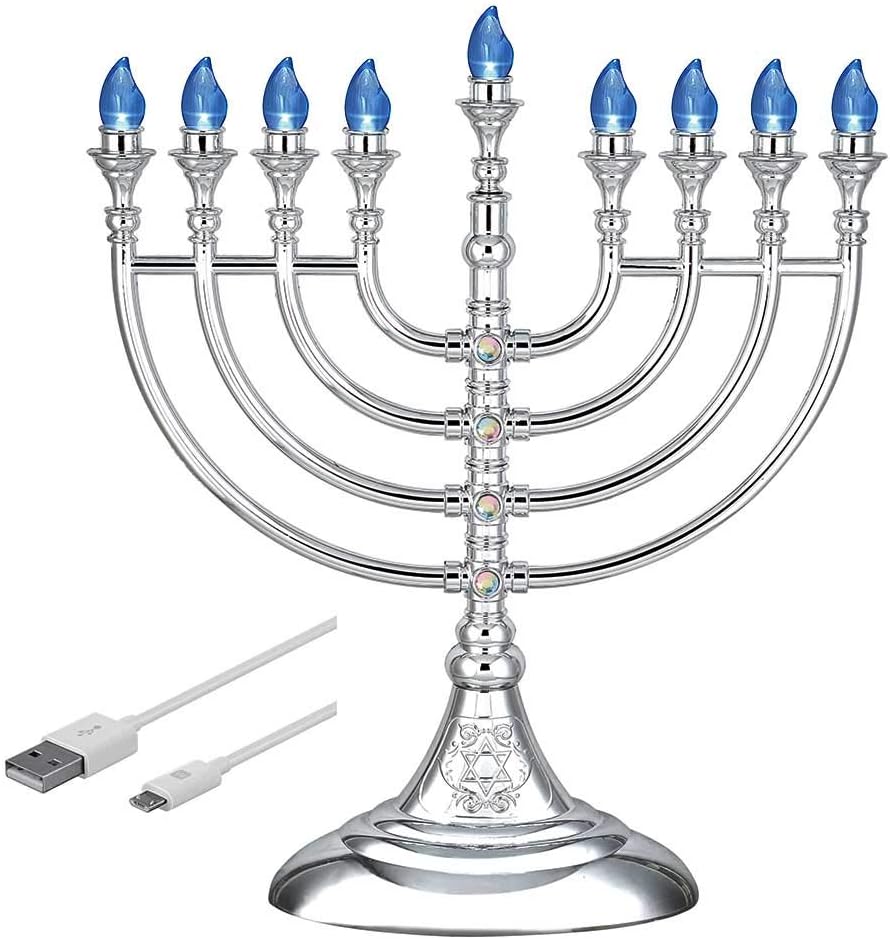 Aviv Judaica Traditional Hanukkah LED Electric Menorah Powered by Battery or USB Chanukiah 4' Micro USB Cable Included Electronic Chanukah Candles Minorah Lighted Hanukah Decorations (Metallic Silver)