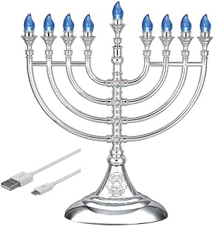 Traditional Hanukkah LED Electric Menorah Powered by Battery or USB Chanukiah 4' Micro USB Cable Included Electronic Chanukah Candles Minorah Lighted Hanukah Decorations (Metallic Silver)