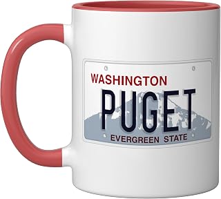 Puget Sound Washington State Hometown License Plate Ceramic Mug, Red/White