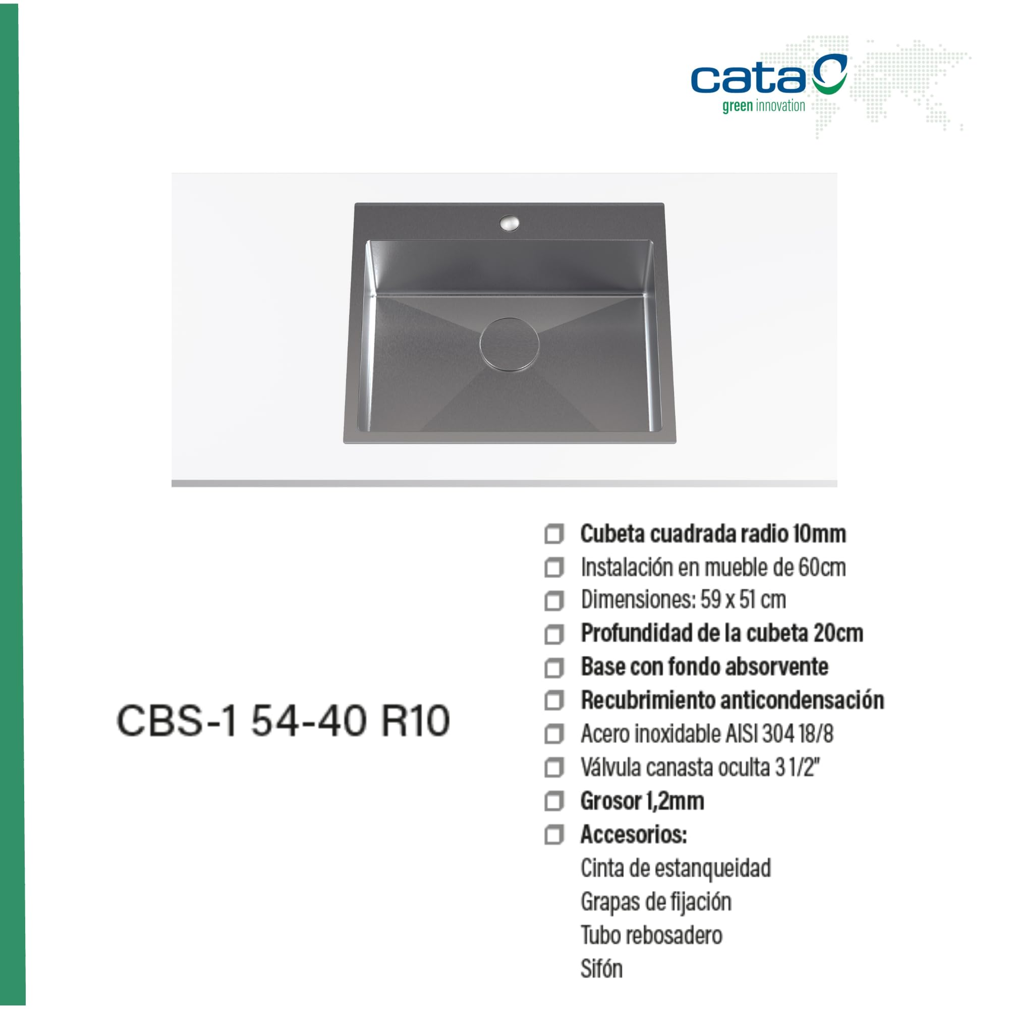 Cata Fregadero de Cocina Sobre encimera CBS-1 54-40 R10 Doble Cubeta Cuadrada Instalación en Mueble de 60 cm Profundidad de 20 cm Acero Inoxidable