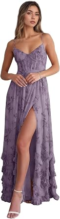 Wisteria Floral Bridesmaid Dresses for Women Corset Long A Line Chiffon Ruffle Formal Evening Gowns with Slit 6