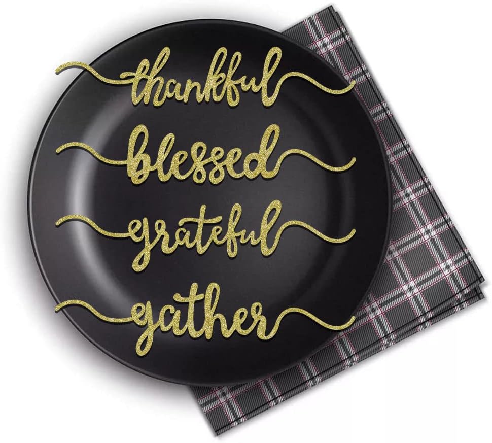 Aukolass 16 Pcs Glitter Thanksgiving Plate Cards, Thanksgiving Table Decorations Grateful Thankful Blessed Gather Place Card Plate Decors for Home Party (Gold16)