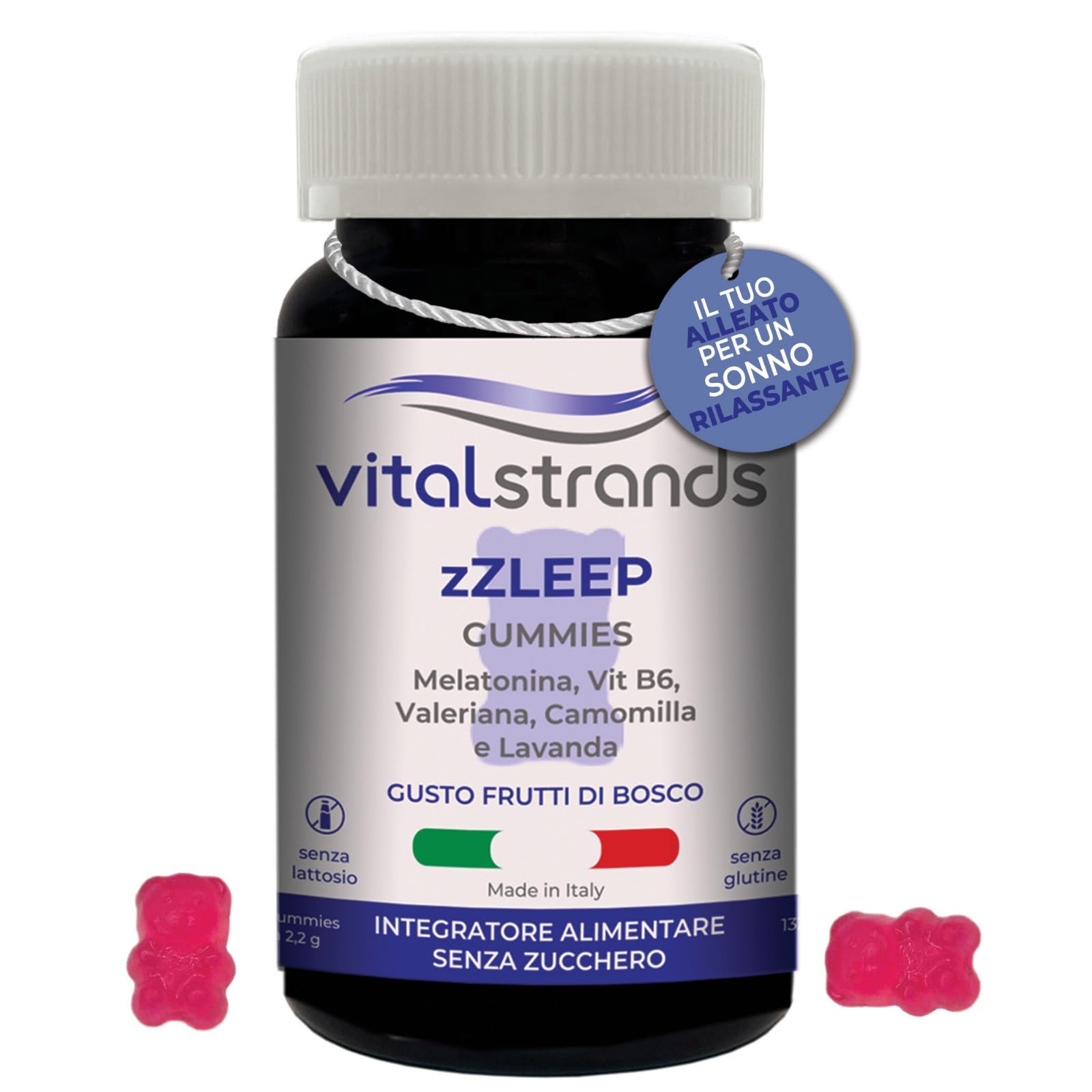 VITALSTRANDS zZLEEP | Melatonina per Dormire forte con l'aggiunta di erbe | Pastiglie per Dormire Meglio con Melatonina e Valeriana, Vitamina B6, Camomilla e Lavanda | 60 Caramelle per Dormire