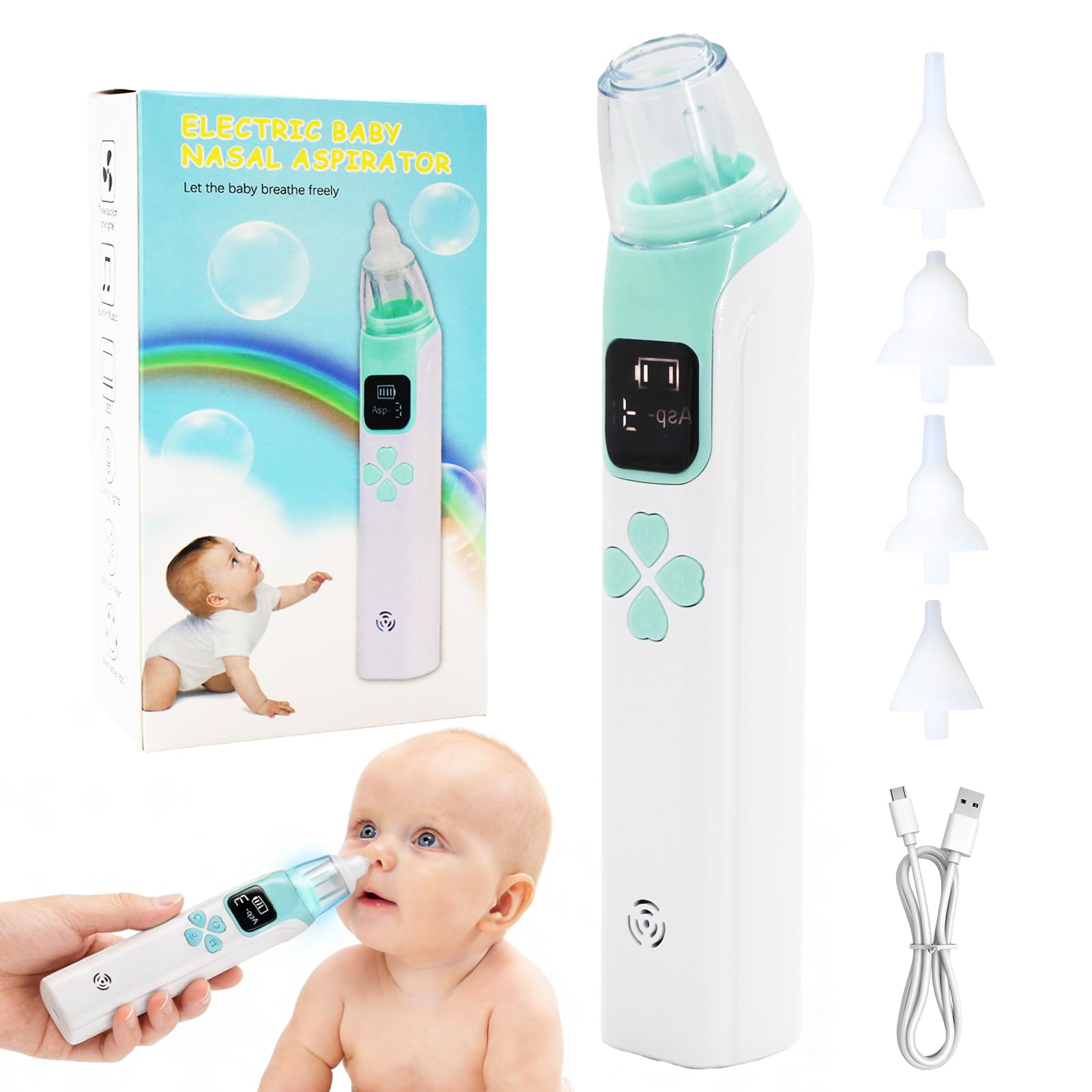 Aspiratore nasale per bambini, potenza di aspirazione regolabile a 3 livelli, 4 testine in silicone, funzione musica e luce, adatto per neonati, lattanti e bambini piccoli