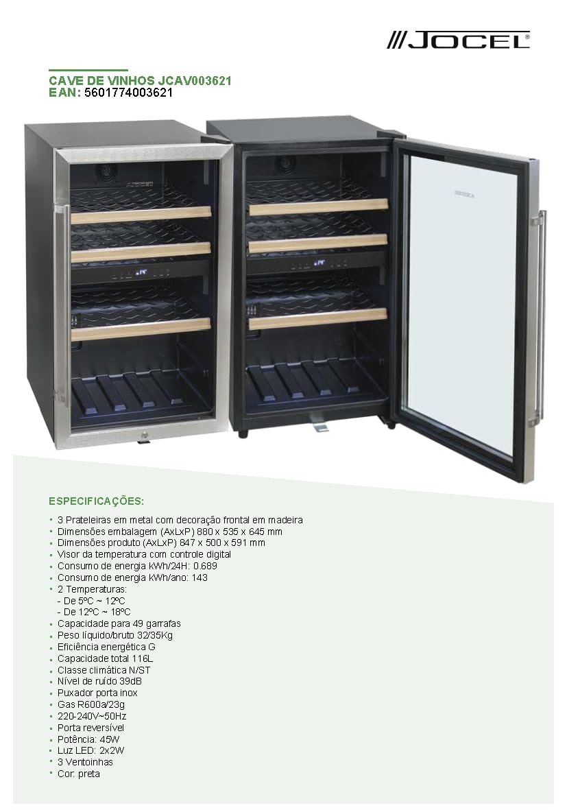 Jocel Vinoteca JCAV003621, 116 Litros, capacidad 49 botellas, Clase eficiencia G, Color Negra