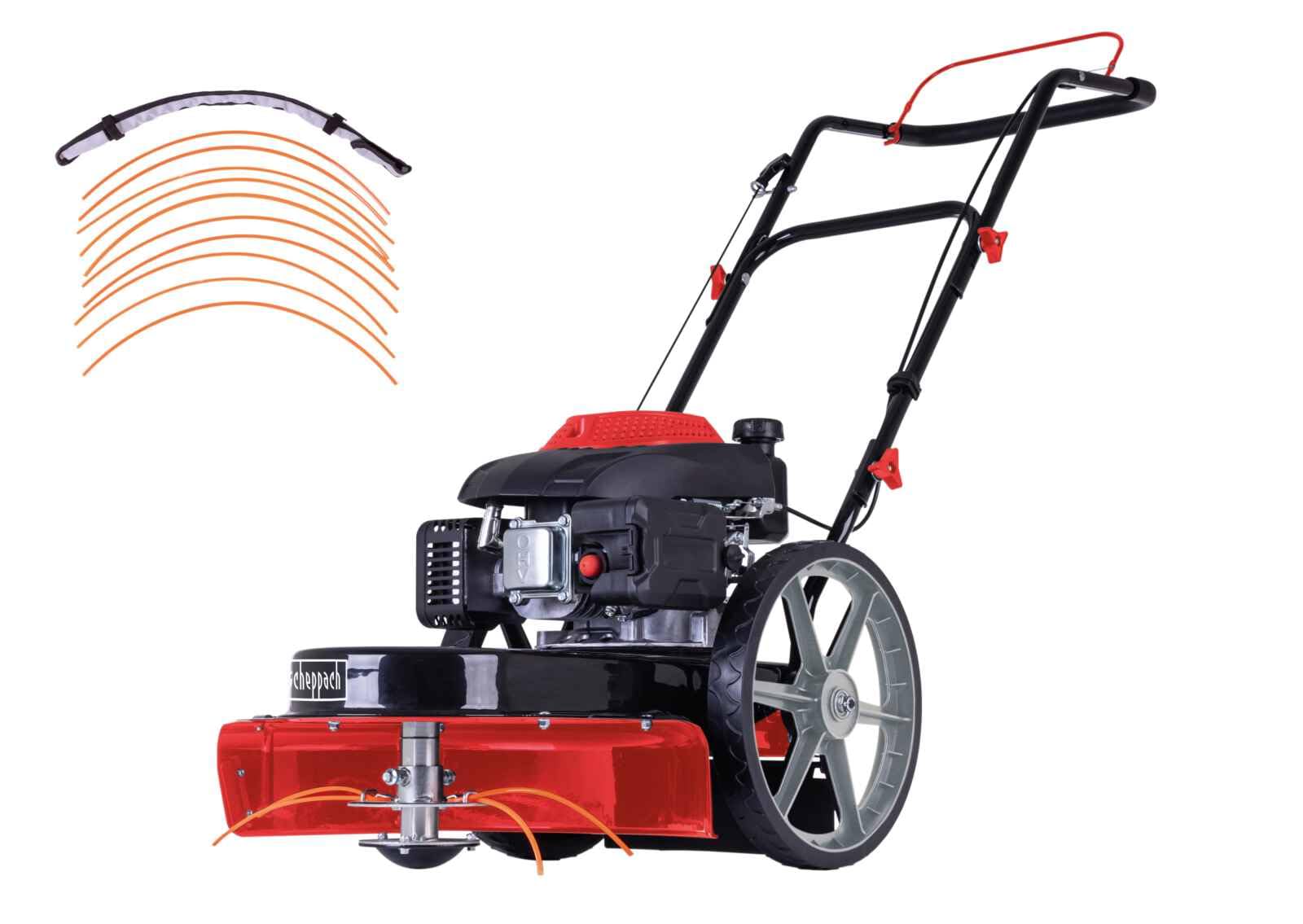 Scheppach HMP161-56 Benzin Wiesenmäher Hochgrasmäher 800 m2/h | 56 cm Schnittbreite | 4,1PS / 3kW | Höhenverstellung 40–95mm | Seilzugstarter | Motorsense Rasentrimmer Rasenmäher inkl. 10x Ersatzfäden