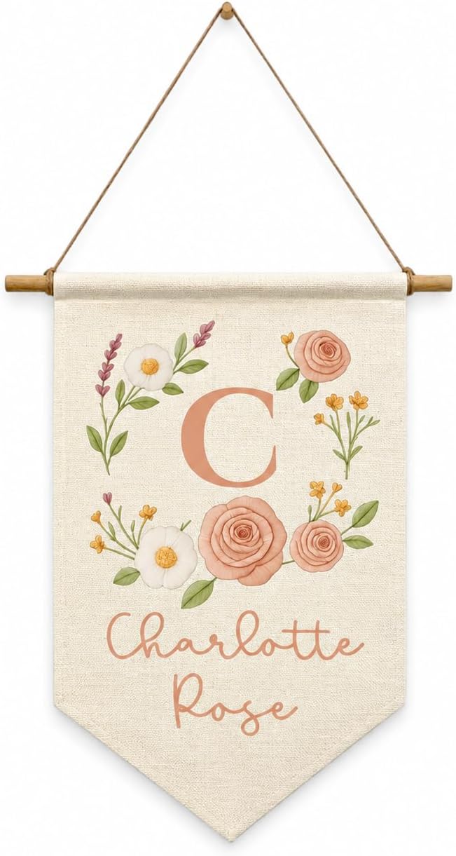 Custom Name Banner Faux Embroidery Floral Wall Hanging (Peach Flowers)