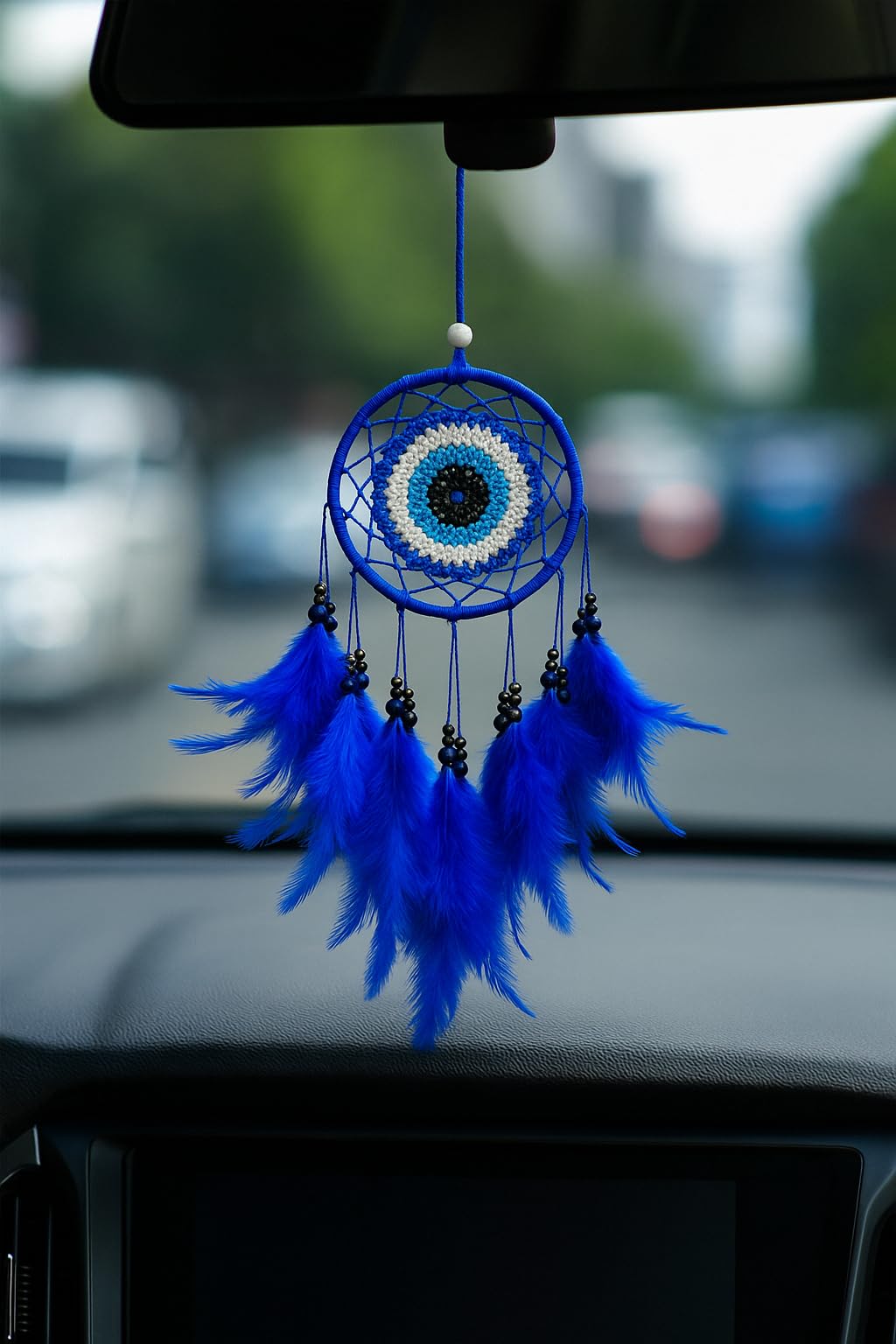 Giftwa Dream Catcher Evil Eye Car Hanging/Wall Hanging/Dreamcatcher, Car Ornament, Car Decorative - for Positive Energy and Protection, 3 Inch, Blue, Natural Feathers-image-32