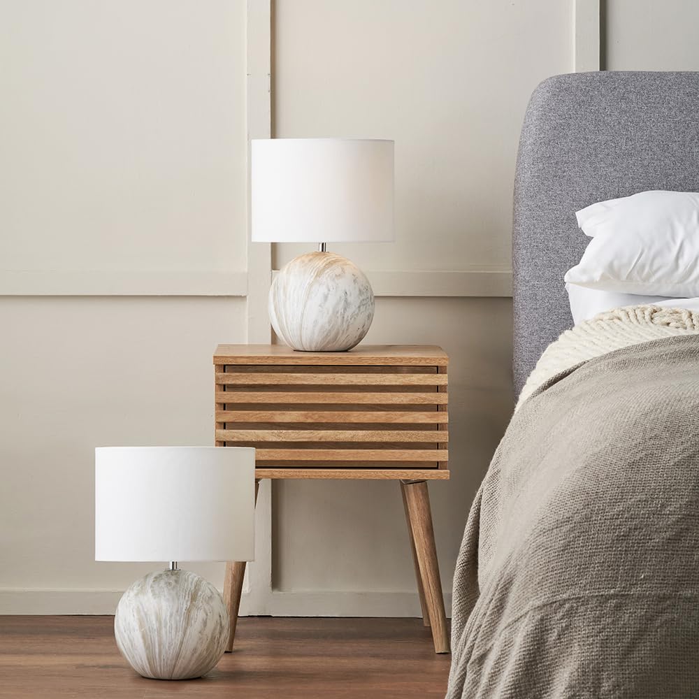 Pacific Lifestyle Set of 2 Viejo Stone Effect Ceramic Table Lamp | Pair of Round Natural Bedside Table Lamps | Duo of Small Scandi Accent Lights for Living Room (Grey)
