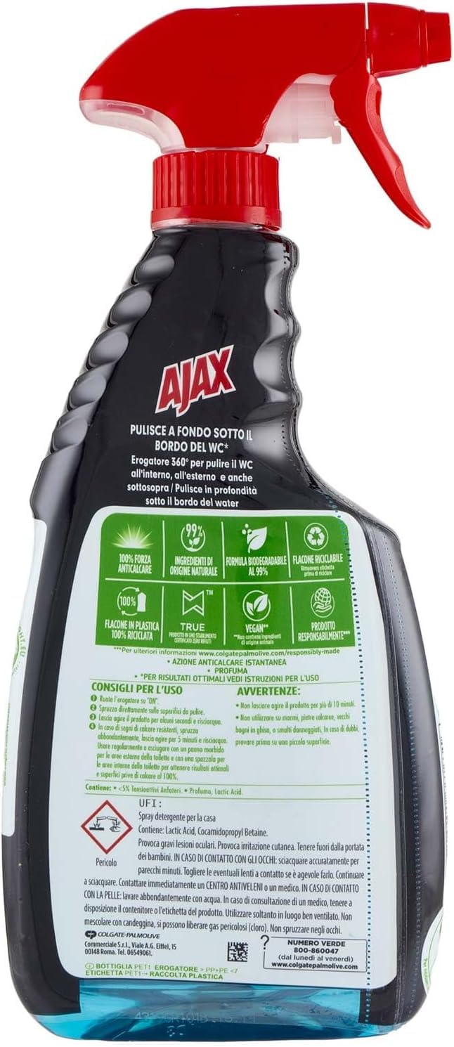 10 x Ajax WC Power Spray 600 ml – Potente limpiador de inodoro contra cal, suciedad y piedra de orina, limpiador de inodoro con aroma fresco, llavero Italy Shop Service gratuito
