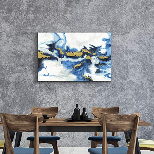 Abstract Painting Modern Wall Art: Blue & White Picture Artwork On Canvas For Office Decorations #TOP4