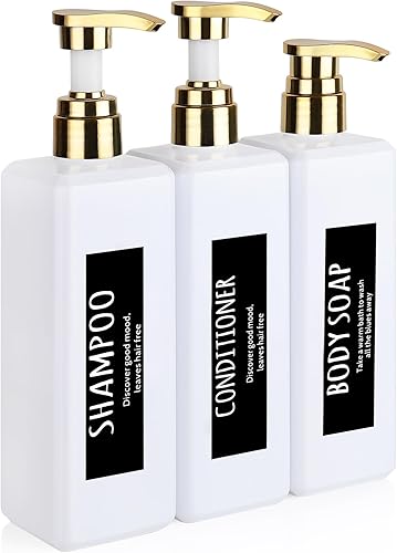 Miniatura 7 de Juego de 3 dispensadores de champú y acondicionador negro, botellas de champú de 16.9 onzas recargables con bomba, dispensador de gel corporal para
