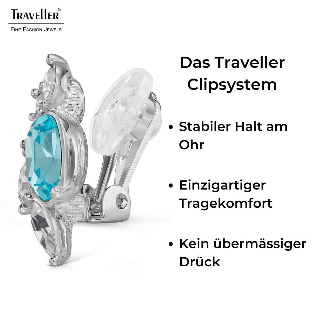 Traveller Ohrclip - Damen - Silberfarben - Kristalle - Hell Blau/Aqua Bohemica - Platiniert - Halbe Blume - 20 x 12 mm - 157781