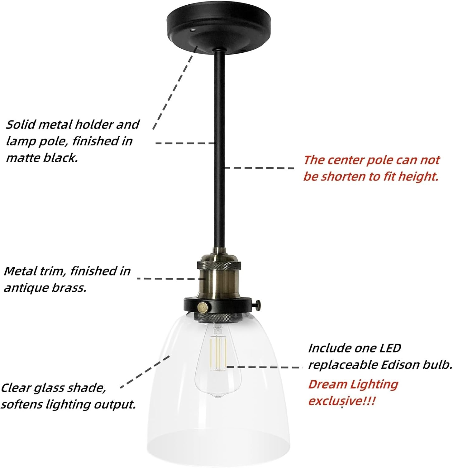 Dream lighting RV Interior Pendant Light Fixture 12v Ceiling Lamp with LED Edison Bulb for Camper Trailer Kitchen Island Dining Room – Matte Black, 3500K, No Switch