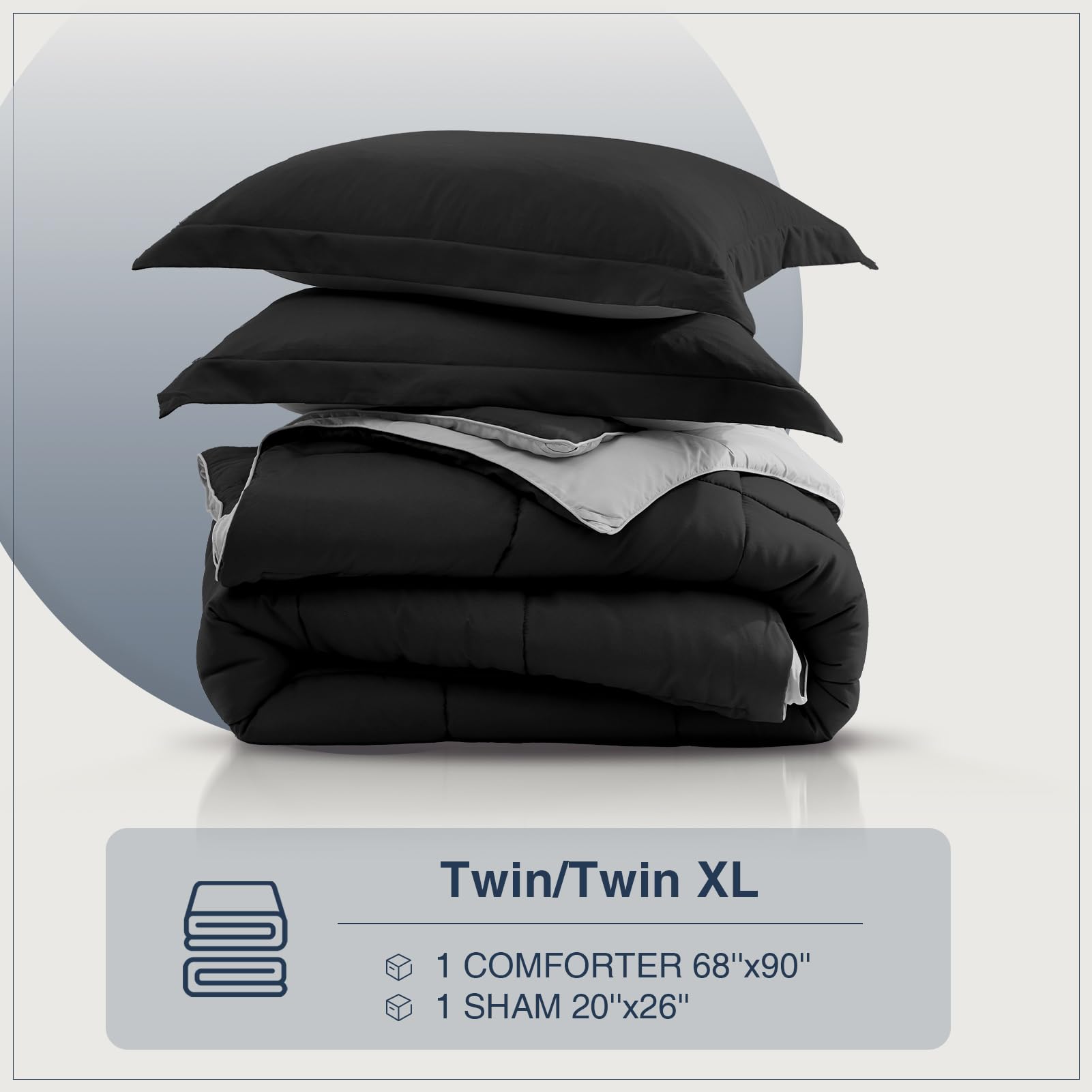 Satisomnia Lekki zestaw kołder Twin XL czarny, całoroczny puchowy alternatywny zestaw kołder do łóżka z 1 poszewką na poduszkę, 2-częściowy zestaw kołder ultramiękki odwracalny, czarny i szary Twin/Twin XL rozmiar