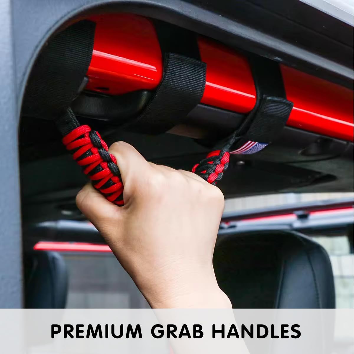 HZEL 4PCS Roll Bar Grab Handles, Oxford Cloth Upgrade Metal Buckle Paracord Grip Handles, Durable and Strong Car Accessories, Compatible with Wrangler JL, JLU, JT, JK, JKU, TJ, LJ and YJ (Red)