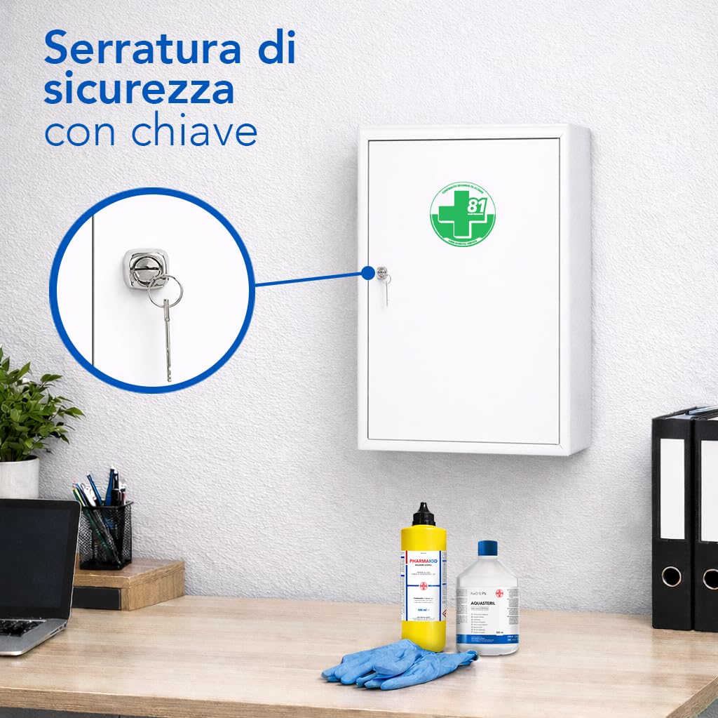AIESI® Armadietto per medicinali da parete (cm 30x14x46h) in metallo con chiave fornito vuoto, Garanzia Italia 24 mesi