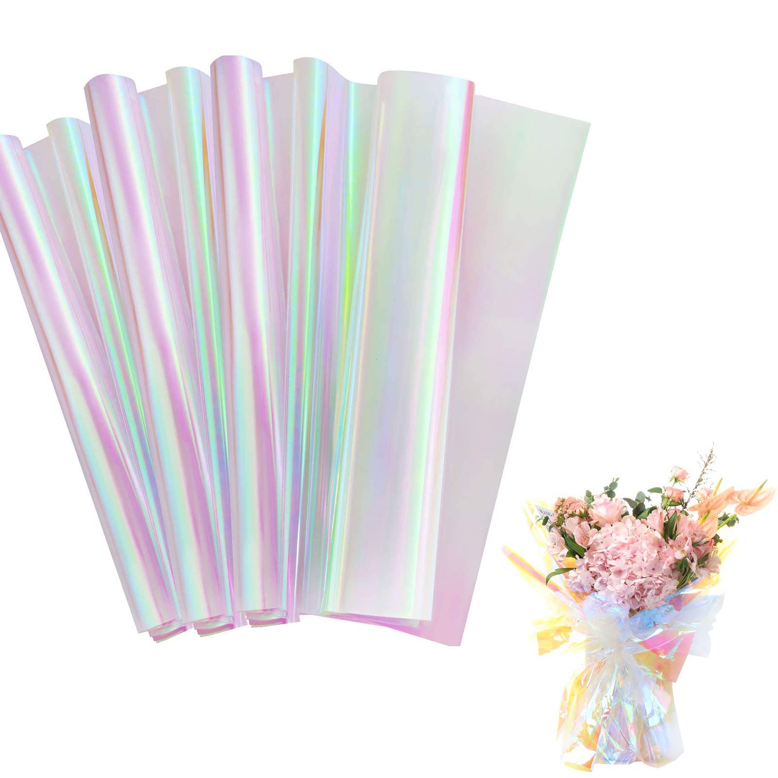 Set Confezioni Regalo: 12 Sacchetti Olografici Argentati Con Manici + 20 Fogli Cellophane Arcobaleno