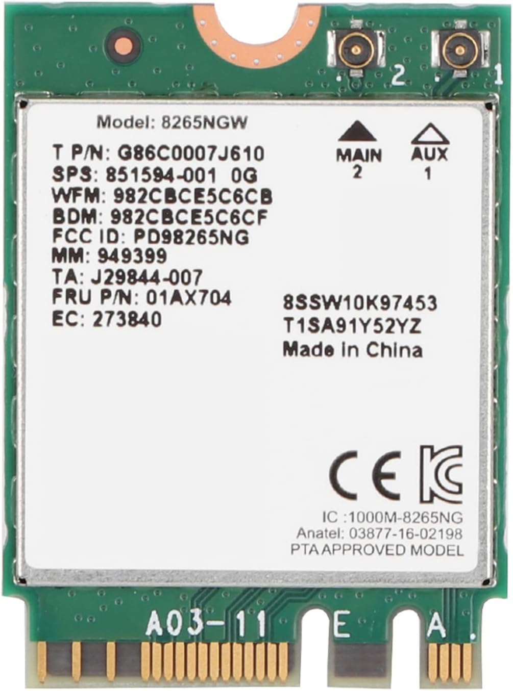 Carte Wi-Fi Double Bande Intel AC 9260NGW – Pour HP (Réf. 920687-001), Format NGFF (M.2), Interface PCIe