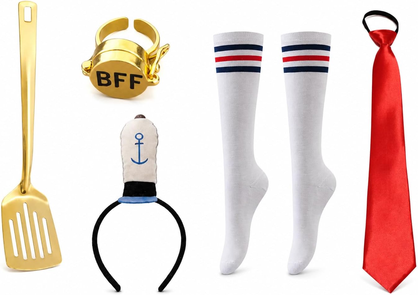 Cartoon Character Costume Accessories Set, Gold Spatula, BFF Ring, Anchor Headband, Knee-High Socks, Red Tie, 5 Piece
