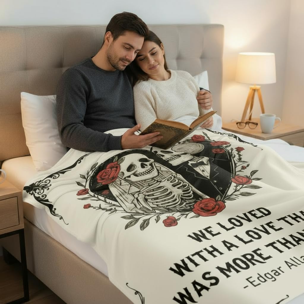 “Edgar Allan Poe” Romantic Gothic Blanket for Couples - Skull Lovers Flannel Throw 60x50, Dark & Poetic Valentine‘s for Wife Husband, Unique Gift for Book Lovers - Image 3