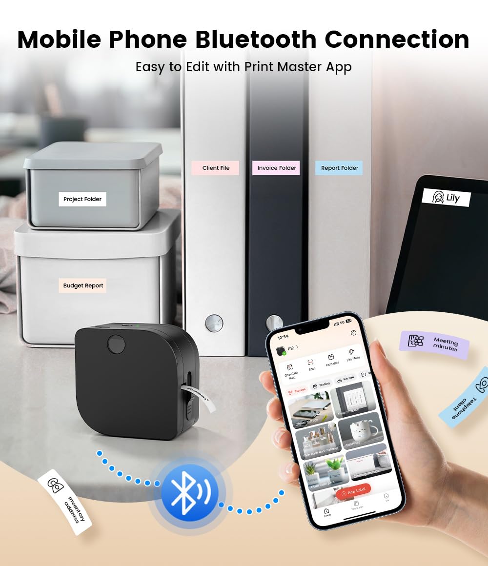 Phomemo P12-Pro zestaw startowy do etykiet | P12-Pro urządzenie do etykietowania z 3 taśmami do etykiet | ładowana przez USB drukarka etykiet do domu i biura | drukarka etykiet do systemów Android i
